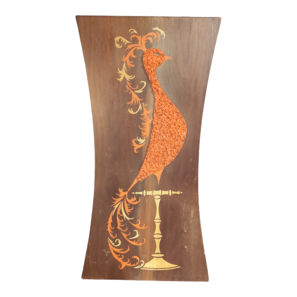 Vintage Wooden Panel Wall Hanging with Orange Bird Design